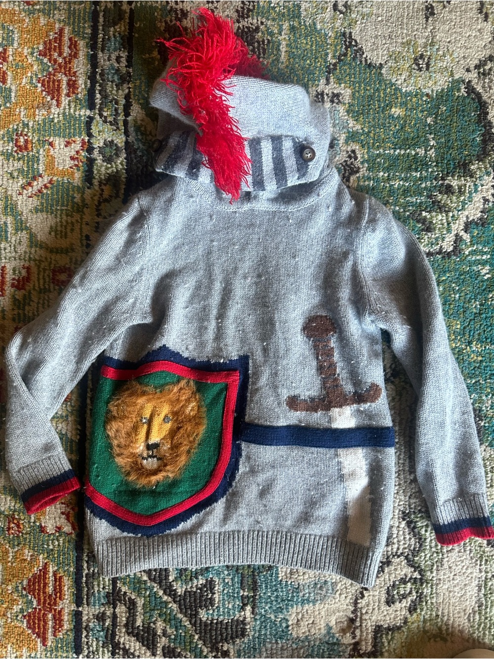 Mini Boden Gray Knit Hoodie with Lion Shield and Red Tassel
